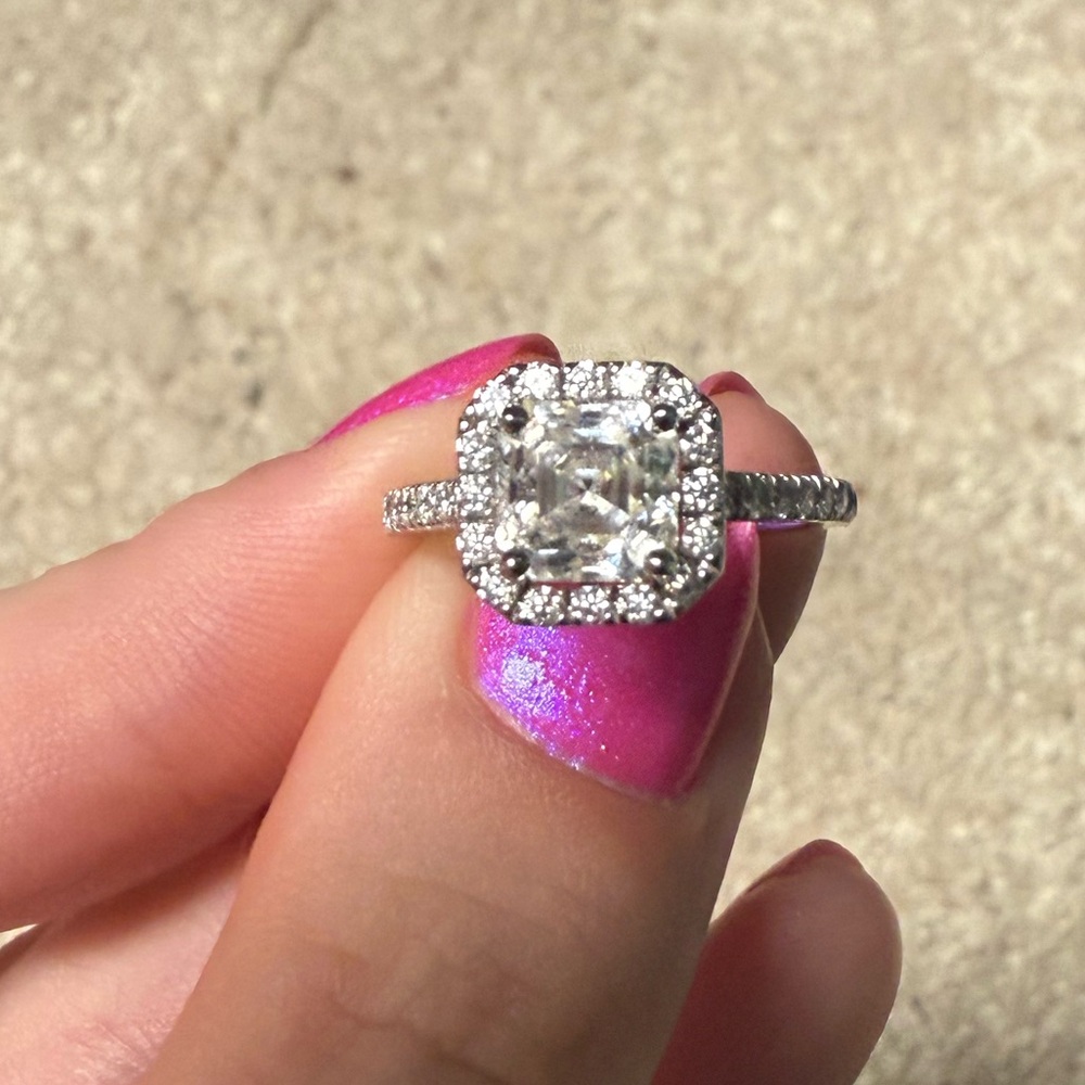platinum halo asscher moissanite ring